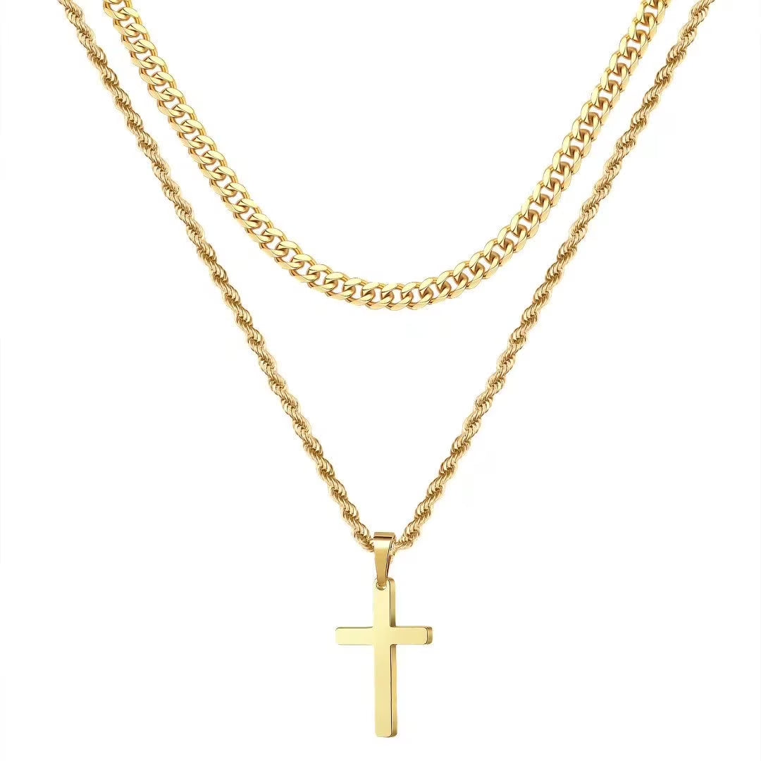 Turandoss Gold Cross Layered Necklaces for Men Stainless Steel Twist Rope Chain Jewelry Set