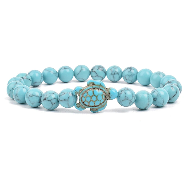 8Mm Sea Turtle Turquoise Bead Bracelet, Boho Beach Jewelry