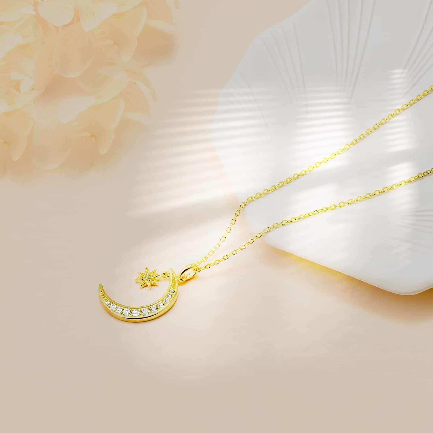 Gold Plated Moon Necklace Half Moon and Star Pendant