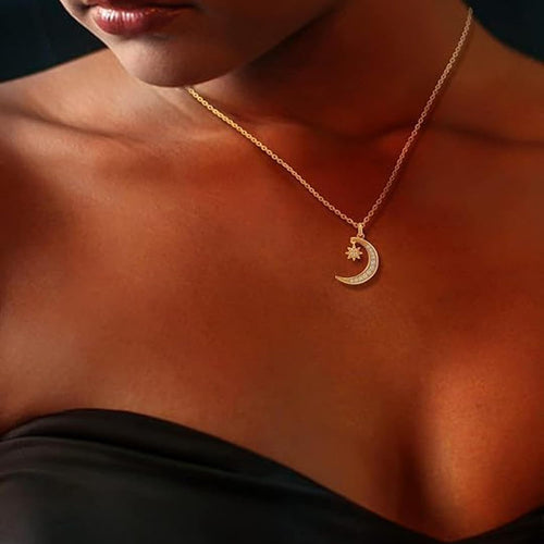 Gold Plated Moon Necklace Half Moon and Star Pendant
