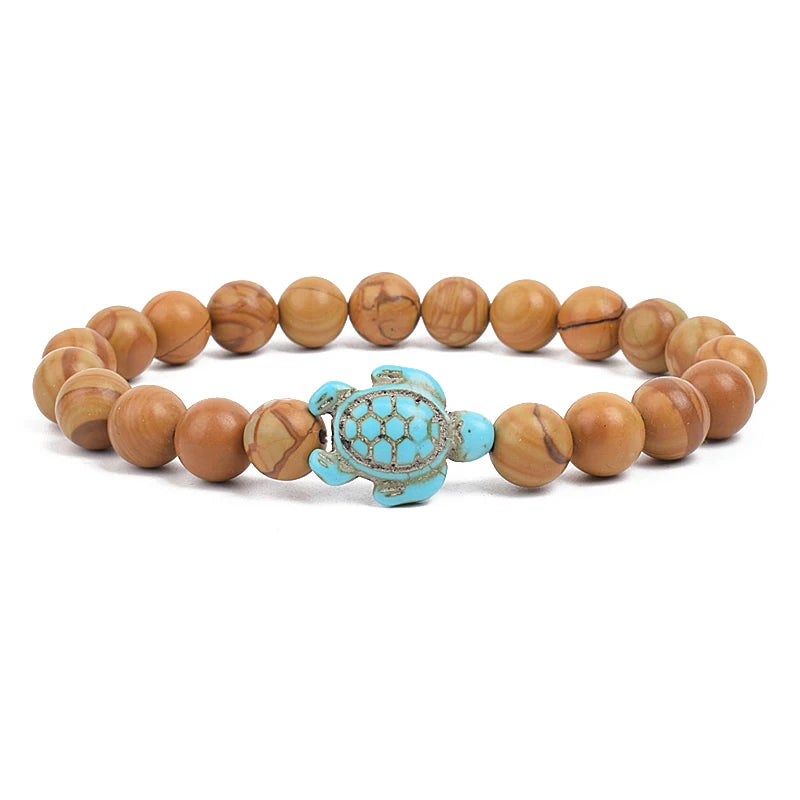8Mm Sea Turtle Turquoise Bead Bracelet, Boho Beach Jewelry