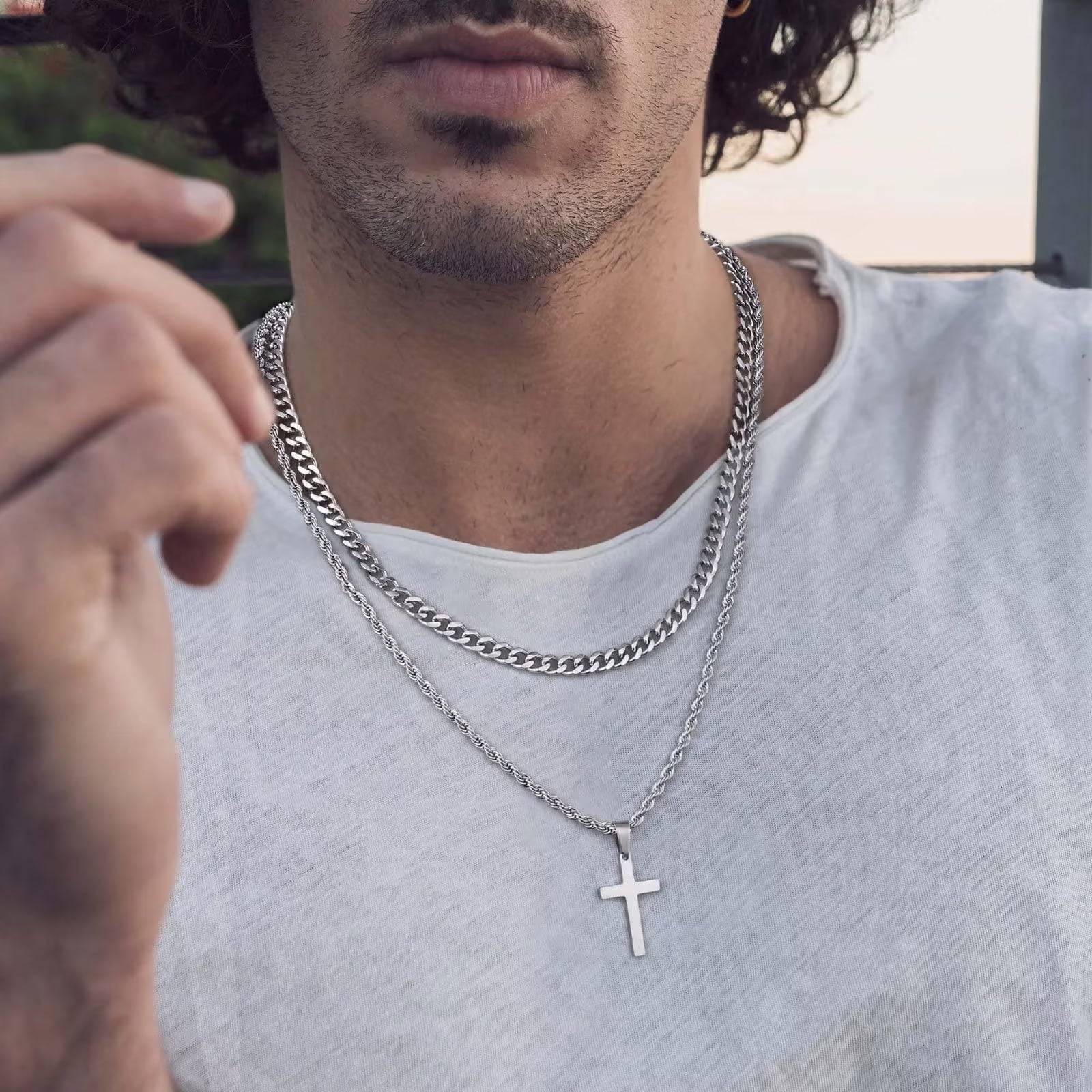 Turandoss Gold Cross Layered Necklaces for Men Stainless Steel Twist Rope Chain Jewelry Set