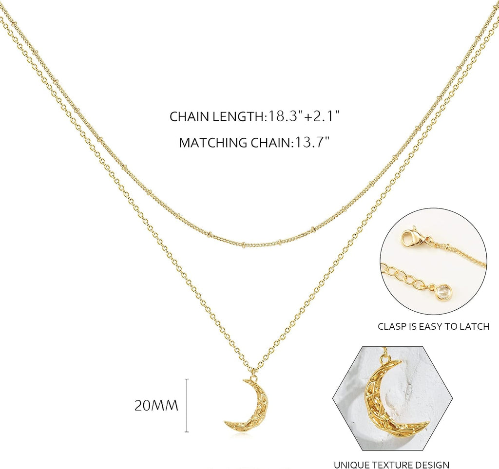 Layered Moon Star Necklace Pave CZ 14K Gold Plated