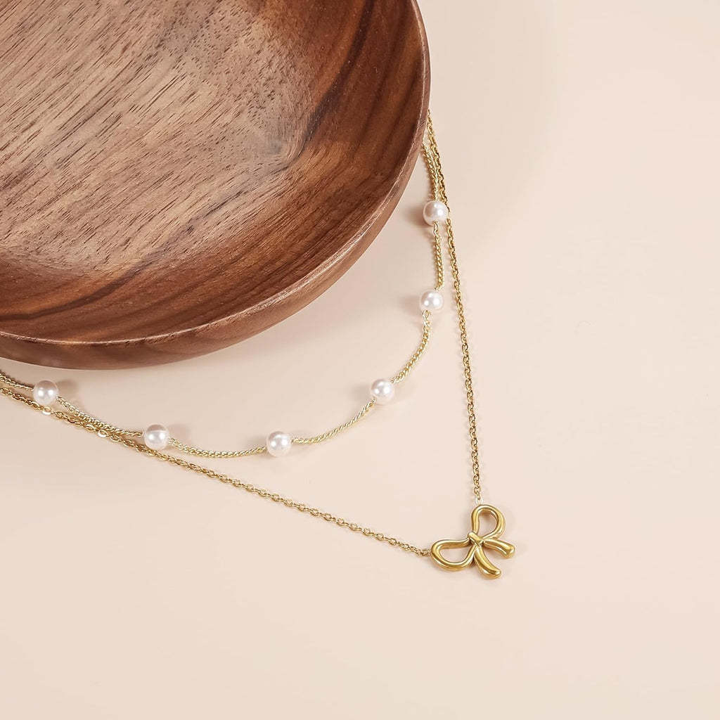 18K Gold Plated Satellite Pearl & Bow Pendant Necklace