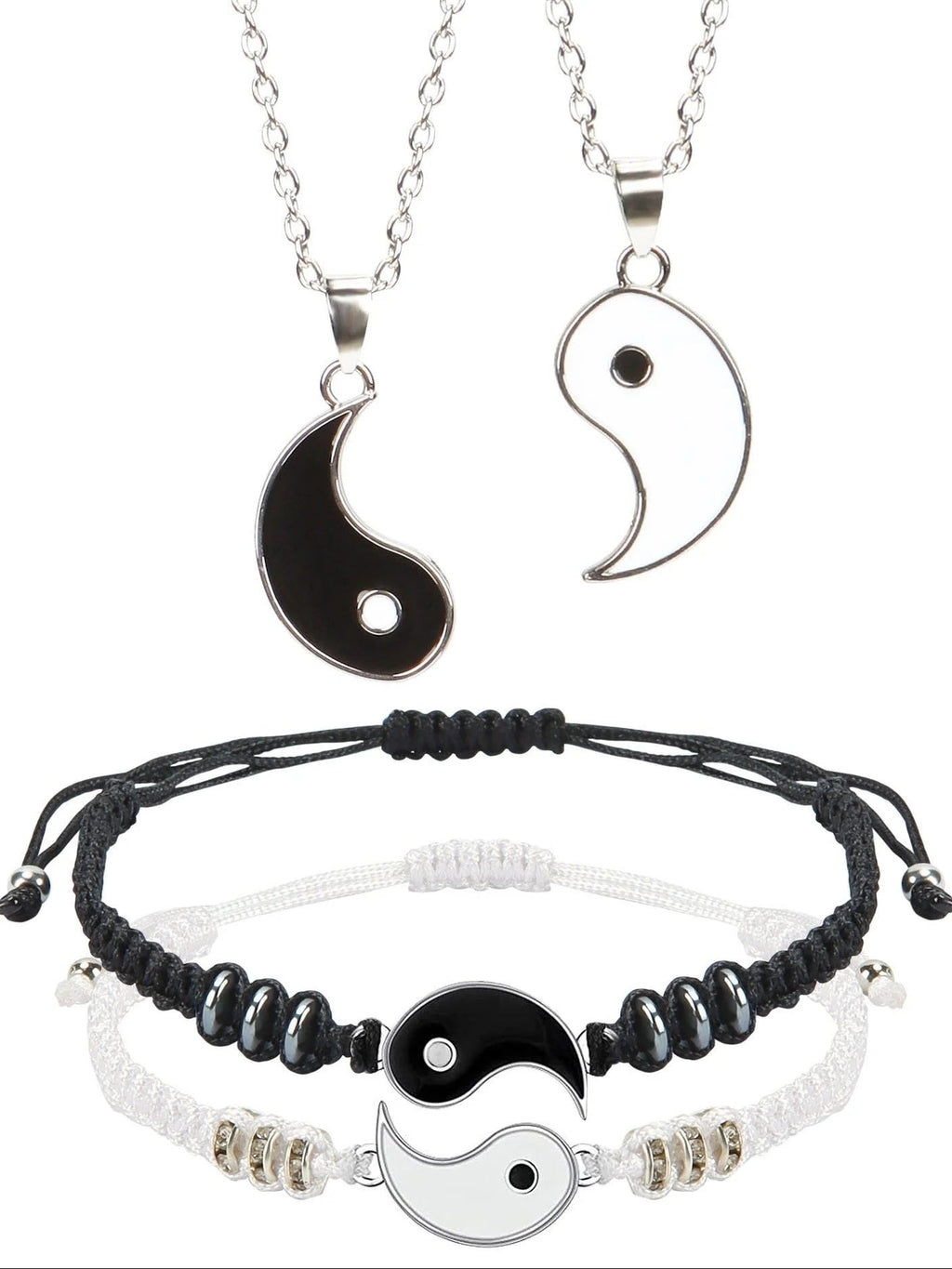 4 Pcs Matching Yin Yang Friend Couple Bracelets and Necklace Set, Adjustable Handmade Cord Relationship Bracelets for Friendship