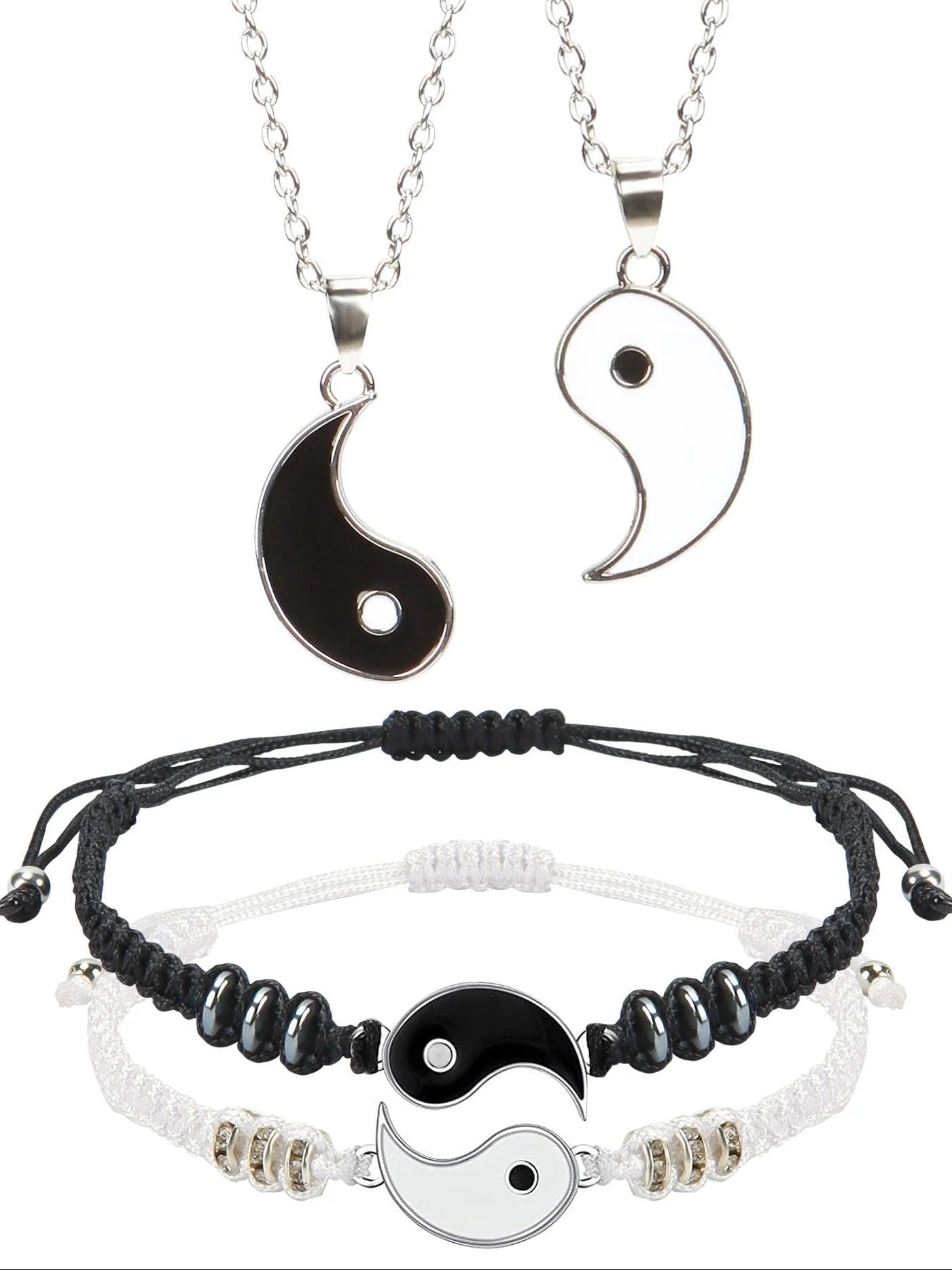 4 Pcs Matching Yin Yang Friend Couple Bracelets and Necklace Set, Adjustable Handmade Cord Relationship Bracelets for Friendship