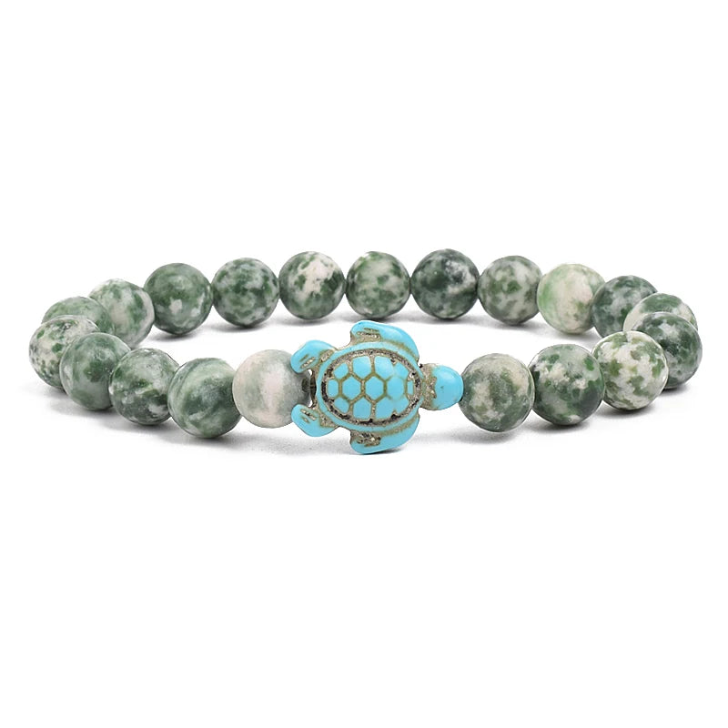 8Mm Sea Turtle Turquoise Bead Bracelet, Boho Beach Jewelry