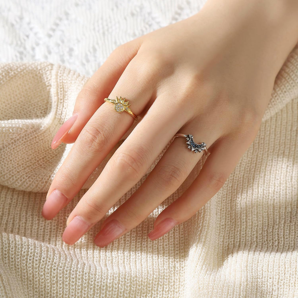 Celestial Sun and Moon Stackable Ring Set, Gold/Silver Plated