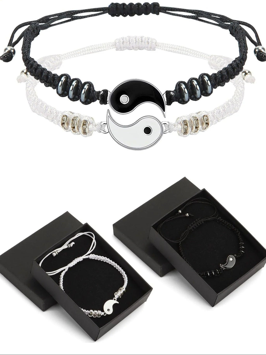 4 Pcs Matching Yin Yang Friend Couple Bracelets and Necklace Set, Adjustable Handmade Cord Relationship Bracelets for Friendship