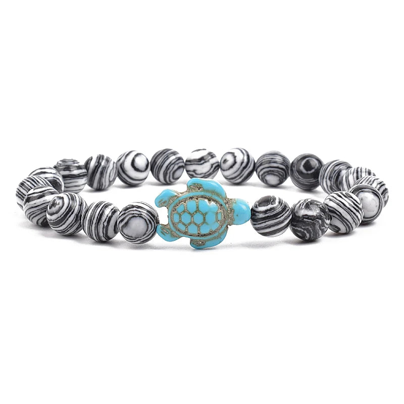 8Mm Sea Turtle Turquoise Bead Bracelet, Boho Beach Jewelry
