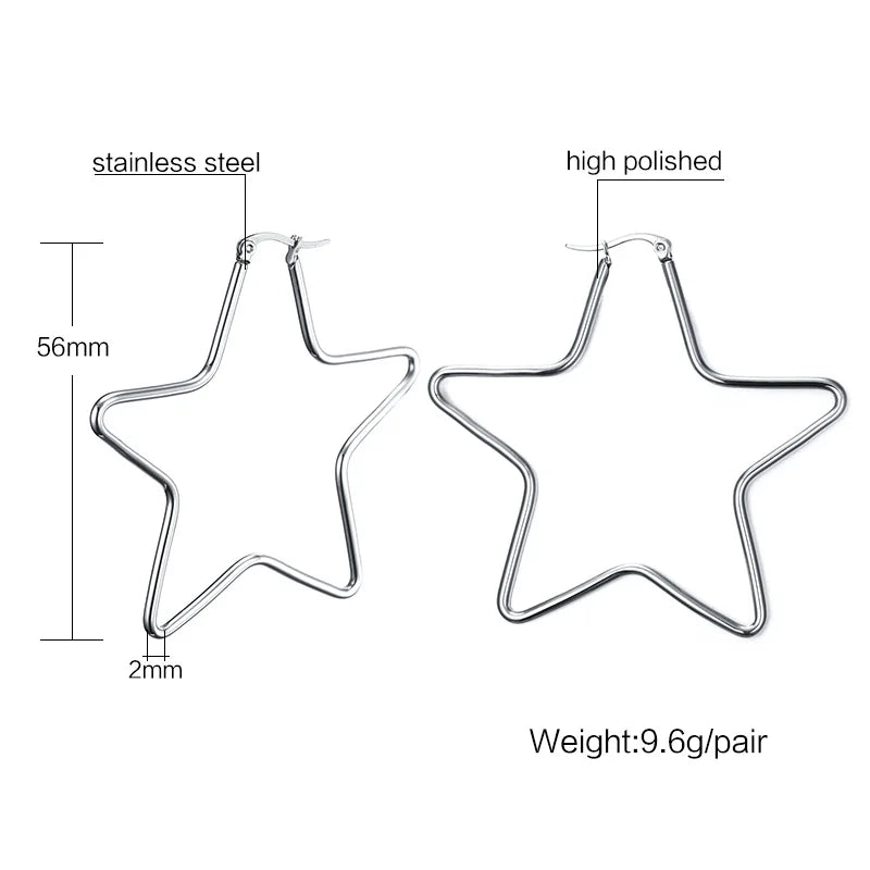 Large Star Hoop Earrings, Silver Color