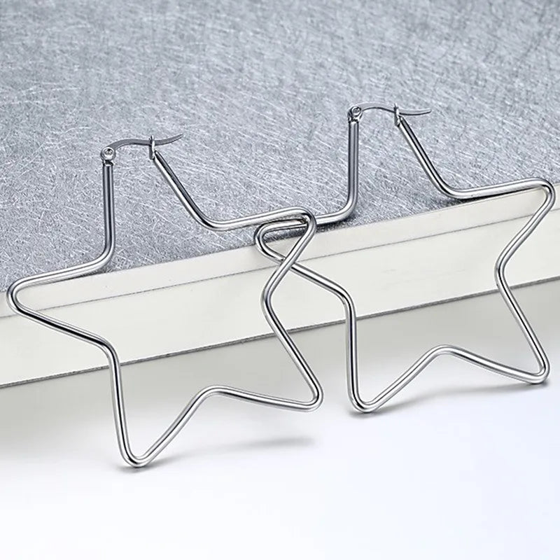 Large Star Hoop Earrings, Silver Color