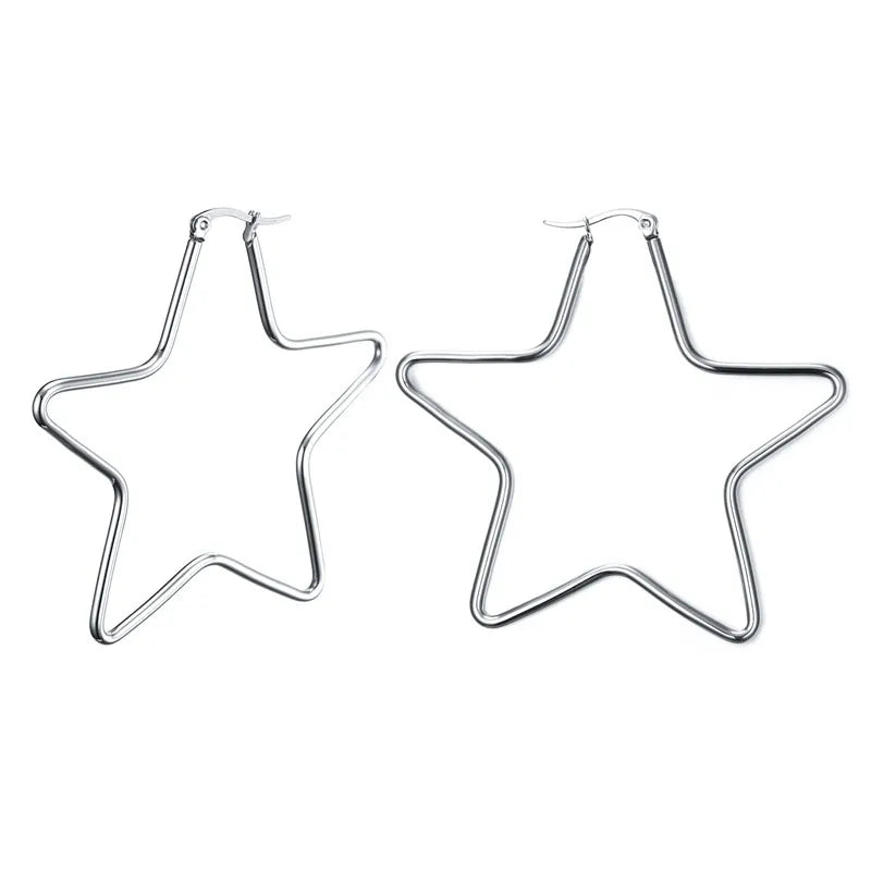 Large Star Hoop Earrings, Silver Color