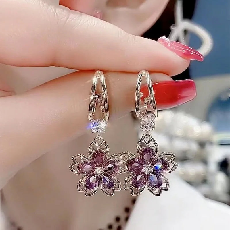 Vintage Elegant Purple Crystal Flower Petal Earrings