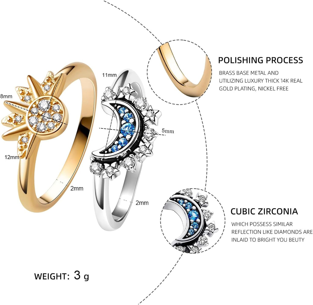 Celestial Sun and Moon Stackable Ring Set, Gold/Silver Plated