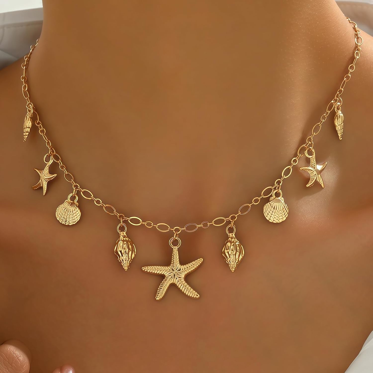 Shell Starfish Necklace for Women, 14K Gold Plated Boho Layered