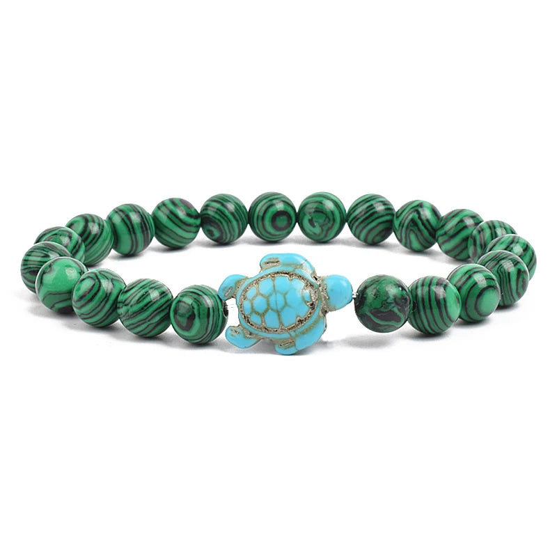 8Mm Sea Turtle Turquoise Bead Bracelet, Boho Beach Jewelry