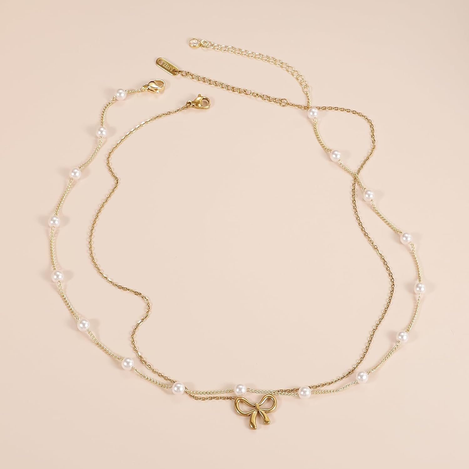 18K Gold Plated Satellite Pearl & Bow Pendant Necklace